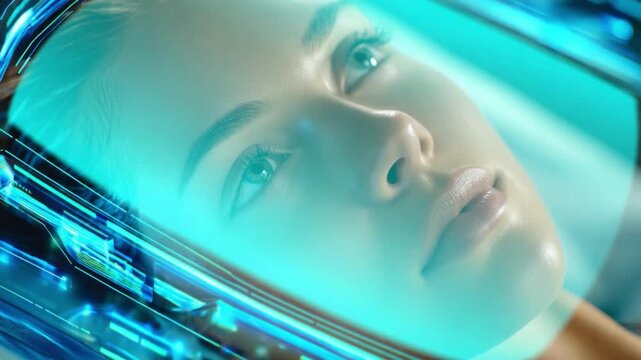 Futuristic Serenity: A close-up portrait of a serene young woman's face illuminated by the cool, blue glow of advanced technology, suggesting a future of digital immersion and futuristic dreams.