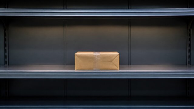 Single parcel left on an otherwise empty retail shelf, ideal for limited stock, product scarcity, high demand and Black Friday promotions