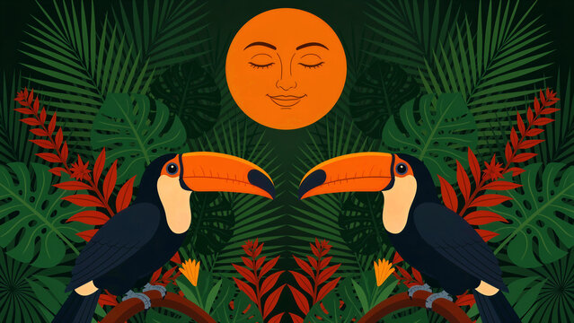 Two toucans perched in a lush jungle facing a serene sleeping sun. Vibrant vector illustration featuring exotic palm leaves and red flowers. Tropical nature concept for summer branding posters.