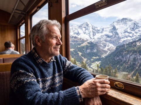 Senior Man Admiring Alpine Views From Vintage Train