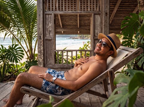 Confident Southeast Asian Man Relaxing on Beach Chair