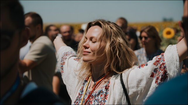celebration in a sunflower field, embroidered clothing, traditional music, colorful cultural pride and community spirit