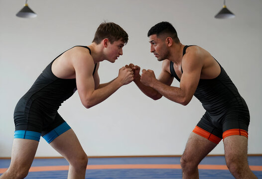 Wrestling competition and sportsmanship, two male wrestlers facing off in a combat sport match on a blue mat