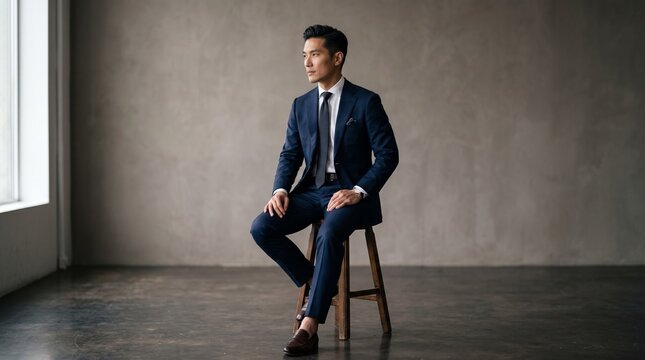 Professional portrait of a confident asian businessman in a navy blue suit sitting on a wooden stool against a textured grey studio background