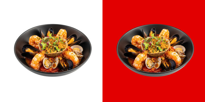 Fresh seafood stew with shrimp mussels and clams in a gourmet black bowl transparent png