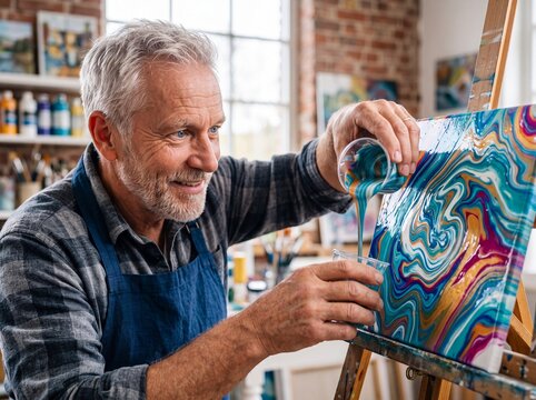 Senior Scandinavian Artist Creating Fluid Acrylic Painting
