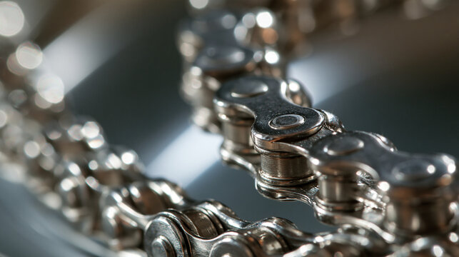 Detailaufnahme einer gl&auml;nzenden Fahrradkette aus Metall in Silber, ideal f&uuml;r Technik- und Industriepr&auml;sentationen.
