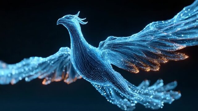 Digital Phoenix Emerges: A stylized, glowing digital phoenix crafted from blue light and particles ascends against a dark backdrop, symbolizing rebirth and transformation.