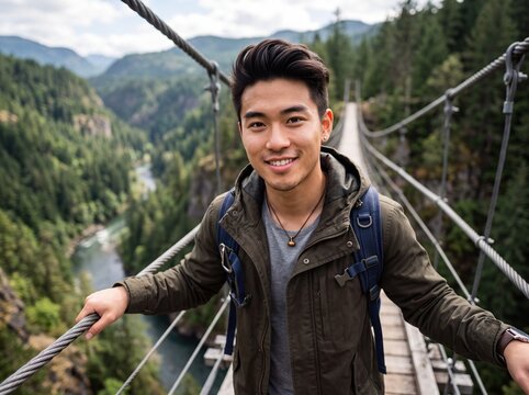 Young Adventurer Crossing Canyon Suspension Bridge