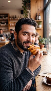 Confident Hispanic Man Enjoying Gourmet Breakfast Croissant