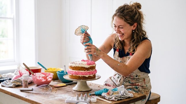 Happy woman decorating a cake with frosting using a piping bag in a bright kitchen