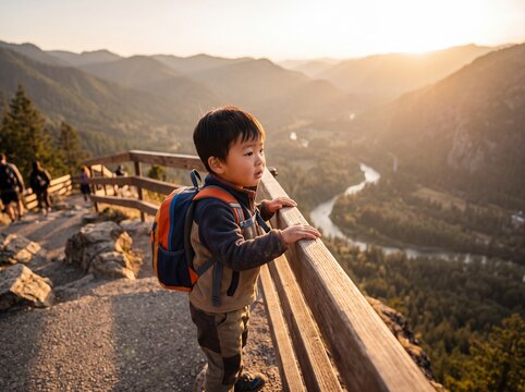 Young Adventurer Overlooking Vast Mountain Valley
