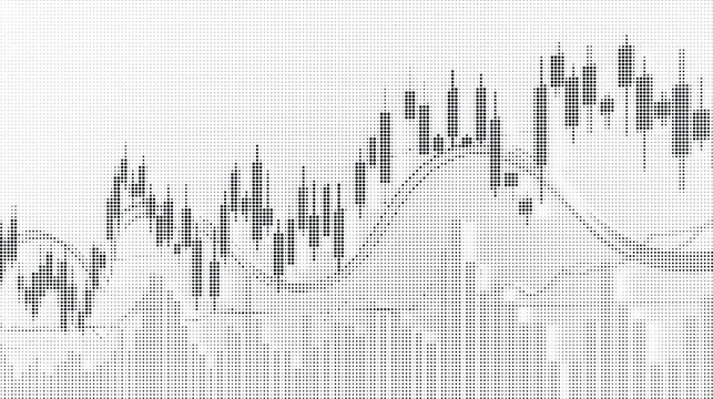 Abstract stock market candlestick chart pattern created with black halftone dots on white background