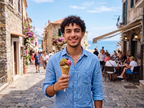 Stylish Young Arab Man Enjoying Summer Gelato