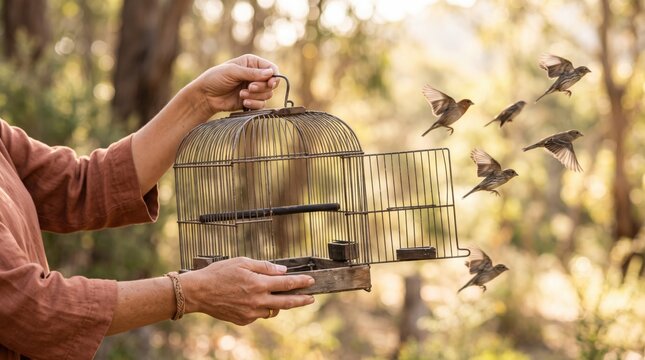Hands releasing small birds from an open vintage wire cage into the forest, symbolizing freedom, liberation, hope, and environmental conservation, capturing a moment of kindness