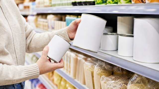 Hand selecting a smaller plain food container from a grocery shelf, ideal for right-sized shopping, small households and waste prevention