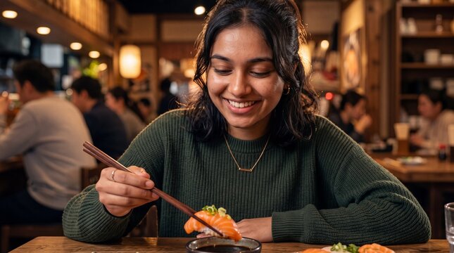 Stylish South Asian Teen Eating Fresh Sushi