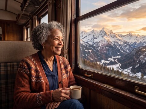 Senior African American Woman On Scenic Train Journey