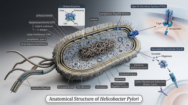 Transparent Anatomical Cross-Section of Gram-Negative Helicobacter Pylori Bacterium Revealing Outer Membrane Lipopolysaccharide, Periplasmic Urease Enzymes, Sheathed Polar Flagella