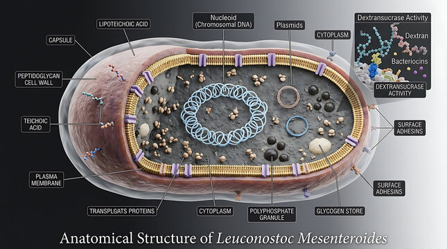 Detailed Transparent Anatomical Cross-Section of Gram-Positive Leuconostoc Mesenteroides Bacterium Revealing Thick Peptidoglycan Cell Wall with Teichoic Acids, Nucleoid Chromosomal DNA