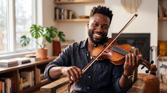 Confident Black Musician Playing Violin