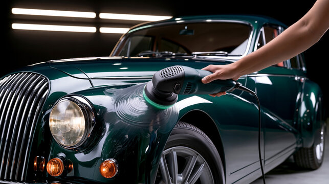Hand holding electric polisher on green vintage car hood in a well-lit garage with modern lighting and reflections on the polished surface