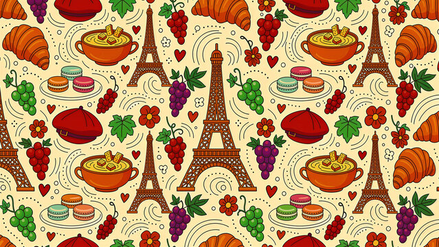 Seamless pattern of Paris icons including Eiffel Tower and French food. Colorful doodle illustration with croissants, macarons, and grapes. Travel culture theme for textile and wallpaper.
