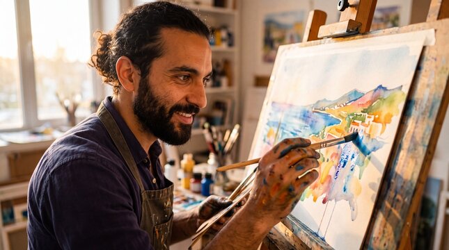 Mediterranean Artist Creating Watercolor Masterpiece