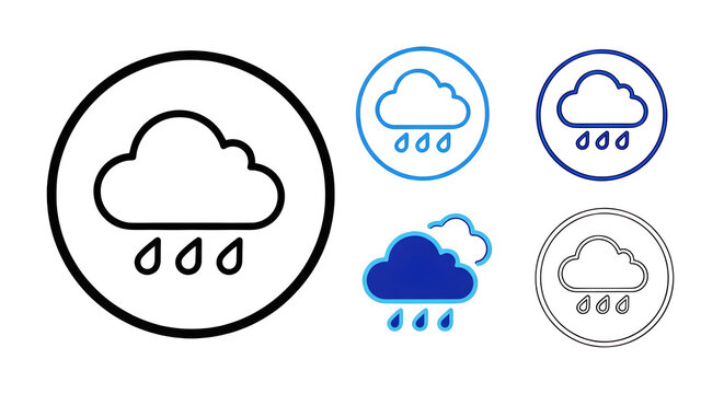 Set of rainy weather cloud icons featuring a minimalist linear design isolated on a transparent background for digital interface development