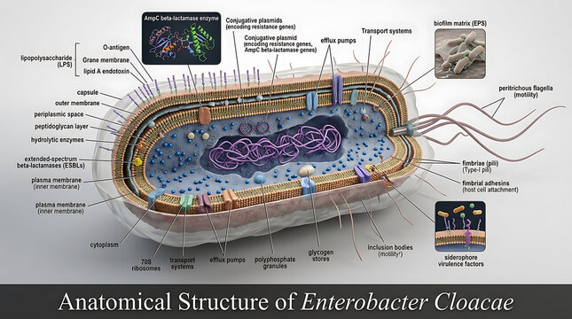 Transparent Anatomical Cross-Section of Gram-Negative Enterobacter Cloacae Bacterium Revealing Capsule, Outer Membrane Lipopolysaccharide, Periplasmic Beta-Lactamases, Nucleoid Chromosomal DNA