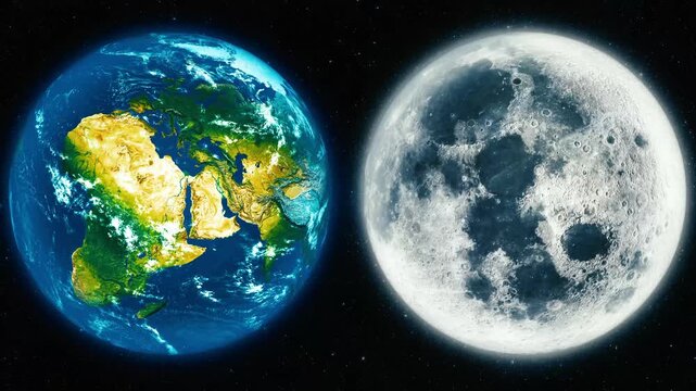Earth and moon shown side by side in space with stars in the background, illustrating planet, satellite, astronomy and the contrast between daylit earth and the moon