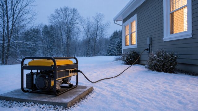 Portable generator operating outdoors away from a snow covered house, ideal for safe winter backup power, outage preparation and emergency guides