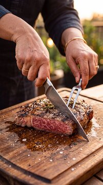 Gourmet Chef Slicing Wagyu Beef Macro
