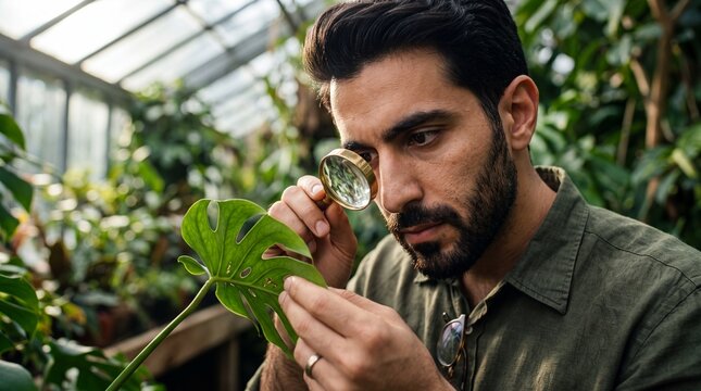 Professional Botanist Examining Rare Tropical Leaf