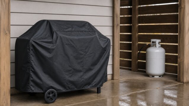 Covered outdoor grill with disconnected fuel cylinder stored nearby, ideal for safe winter patio preparation, seasonal storage and home maintenance