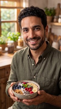 Confident Mediterranean Man Enjoying Healthy Acai Bowl