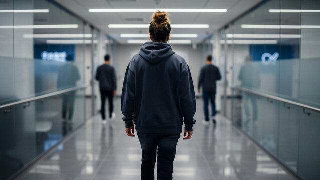 Person in hoodie walking down a modern office hallway. Corporate corridor with glass walls and professional staff in background. Career path concept for tech recruitment and business marketing.