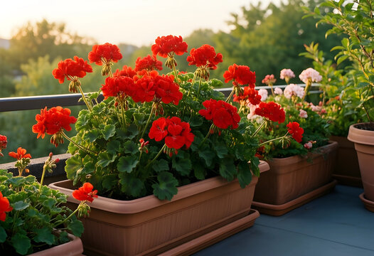 Balcony gardening and urban greening, vibrant red geranium flowers in planter boxes on a sunny terrace