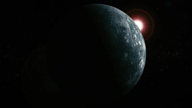 A large cratered planet or moon in darkness with a bright star glowing behind it against a black space background.