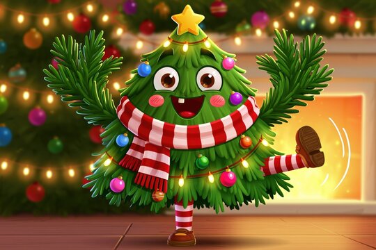 Cheerful Christmas Tree Cartoon Character Dancing in Cozy Holiday Room with Gifts