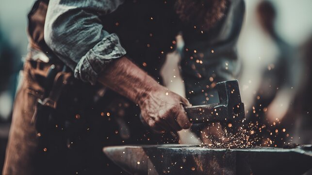forging decorative ironwork in a centuries-old workshop, flying sparks, historic craftsmanship and tradition