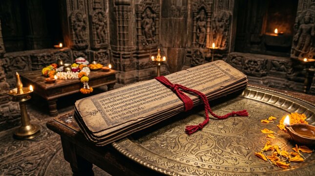 Ancient Indian palm-leaf manuscript tied with red thread on a table next to a lit oil lamp in a carved stone temple