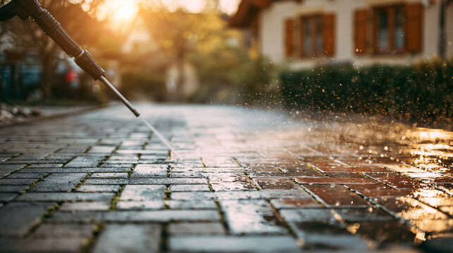 Pressure washer cleaning dirty outdoor paving stones with powerful water spray, professional exterior cleaning concept for home improvement, property maintenance, advertising and service promotion