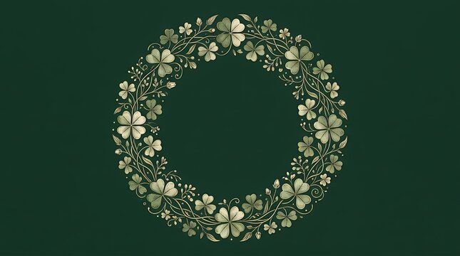Elegant Hand Drawn Shamrock Wreath Border Illustrated Over Forest Green Background Circular delicate clover frame artwork decorated with botanical shamrock foliage on dark emerald background clover