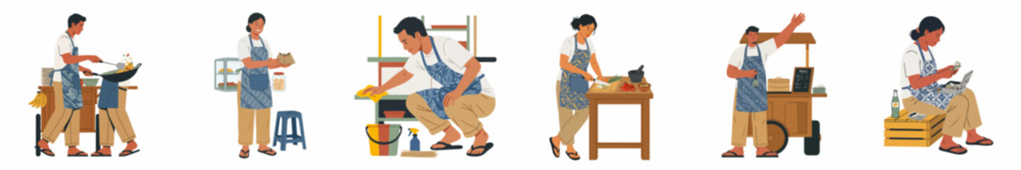 Fototapeta premium Flat vector illustration set of Asian street food vendors and merchants in traditional aprons working at their food stalls and carts.