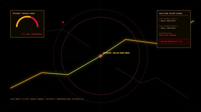 Futuristic Tectonic Tension Monitor Display Showing Seismic Activity and Faultline Stress Analysis
