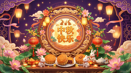 Fototapeta premium Ornate Mid-Autumn Festival table setting with mooncakes and lotus flowers.