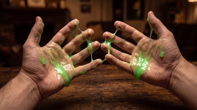 Creative Play Activities, Two friends' hands joyfully covered in vibrant, stretchy green slime