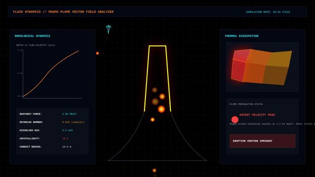Futuristic Volcano Magma Simulation Dashboard Displaying Rheological Dynamics and Flow Analysis