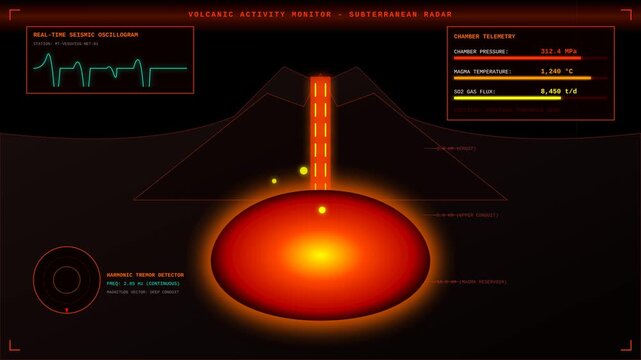 Futuristic Volcano Seismic Activity Monitor HUD Display with Magma Chamber and Subterranean Radar